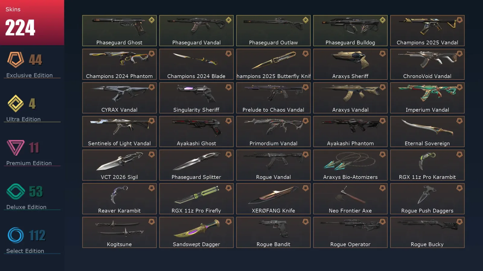 [Valorant] | EU | Level 355 | 29 Agents | 224 Skins