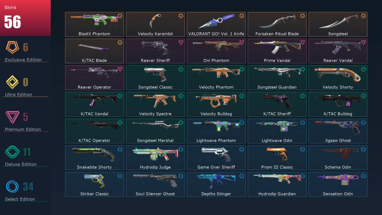 [Valorant] | EU | Level 185 | 25 Agents | 56 Skins