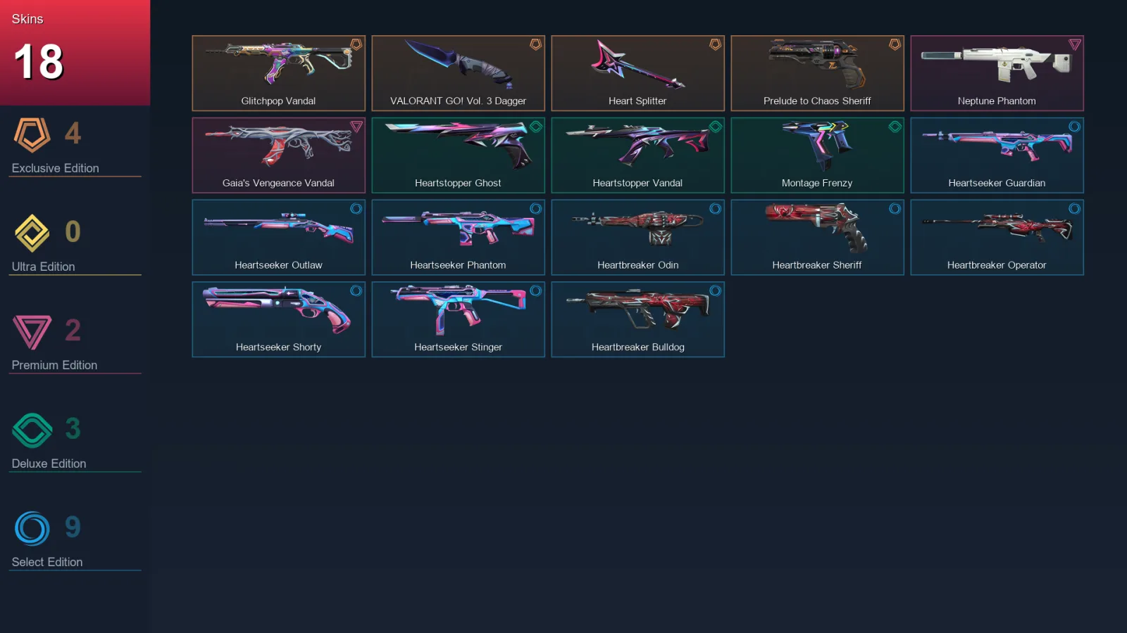 EU | Glitchpop Vandal | VALORANT GO! Vol. 3 Dagger | Heart Splitter | Prelude to Chaos Sheriff | 18 Skin | 12 Agent | 18 Buddy | Lv38