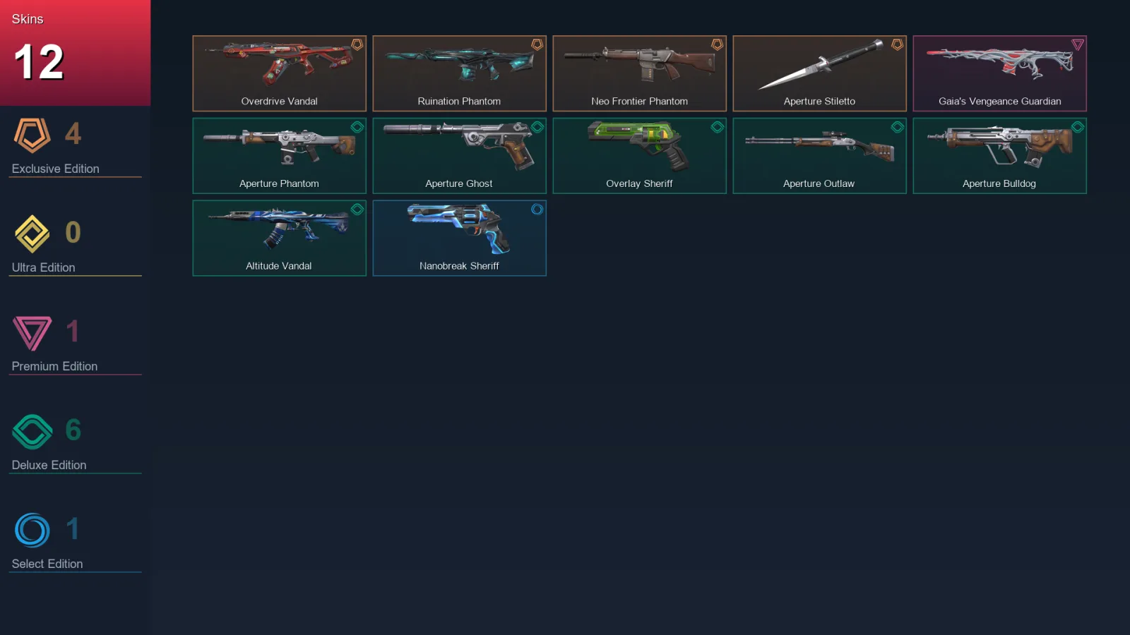EU | Lv53 | Unranked | 12 Skin | 19 Agent | 16 Buddy — Aperture Stiletto