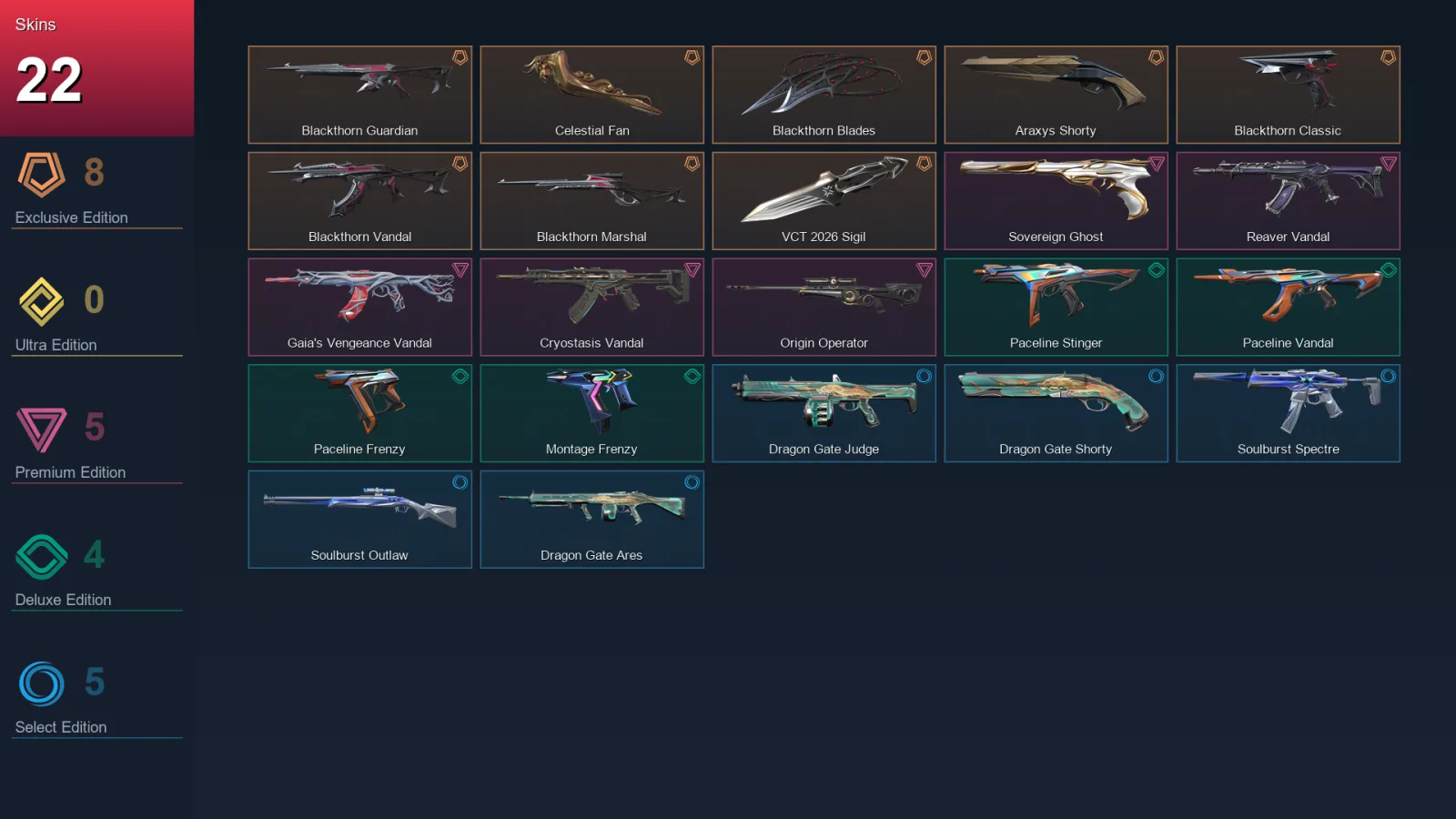 EU | Lv31 | Gold I | 22 Skin | 11 Agent | 13 Buddy — Valorant account
