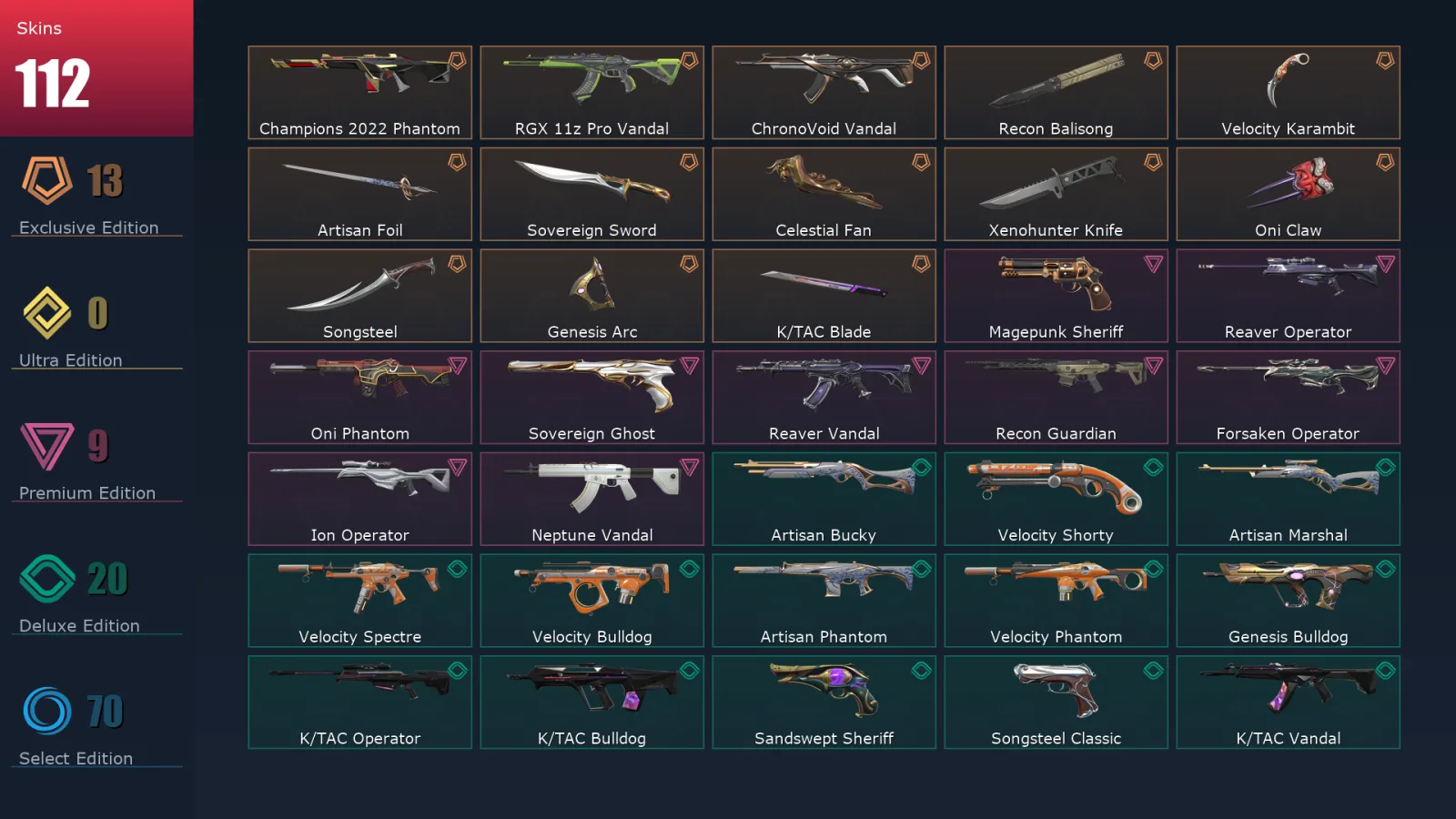 [Valorant] | EU | Level 500 | 25 Agents | 112 Skins