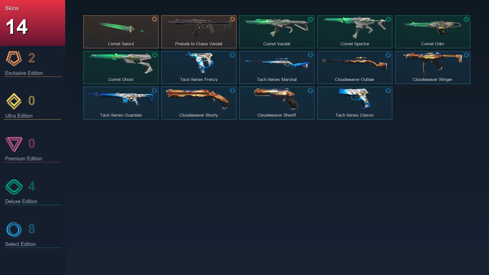 EU | Comet Sword | Prelude to Chaos Vandal | Comet Vandal | Comet Spectre | 14 Skin | 24 Agent | 48 Buddy | Lv75