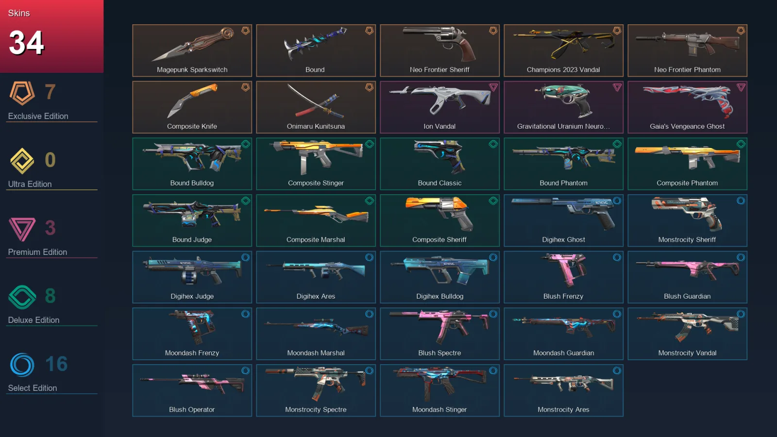 NA | Magepunk Sparkswitch | Bound | Neo Frontier Sheriff | Champions 2023 Vandal | 34 Skin | 19 Agent | 34 Buddy | Lv64