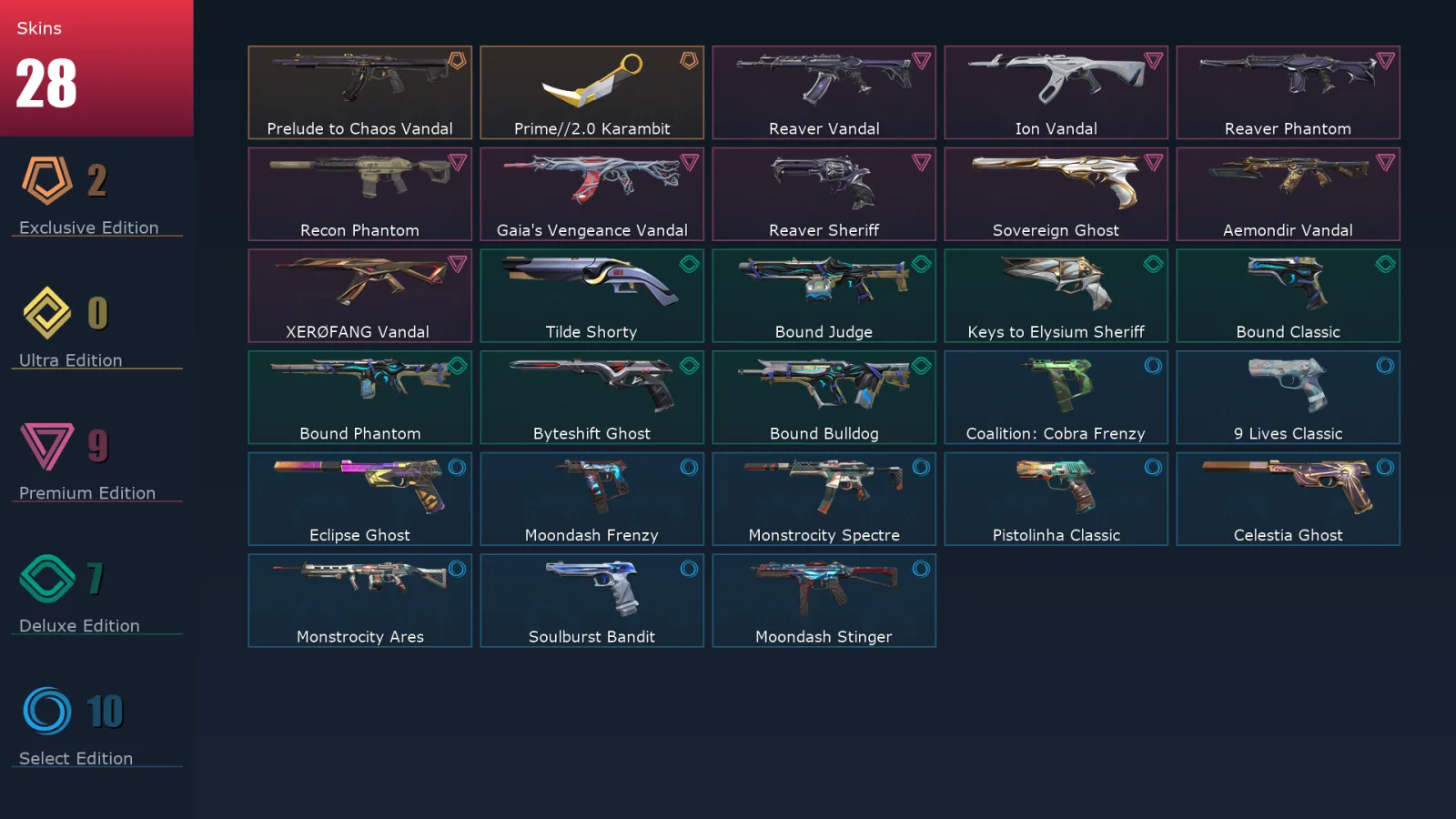 [Valorant] | EU | Level 220 | Platinum 1 | 29 Agents | 28 Skins