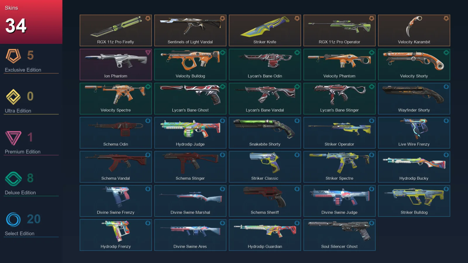 NA | Lv113 | Unranked | 34 Skin | 20 Agent | 47 Buddy — Sentinels Of Light Vandal