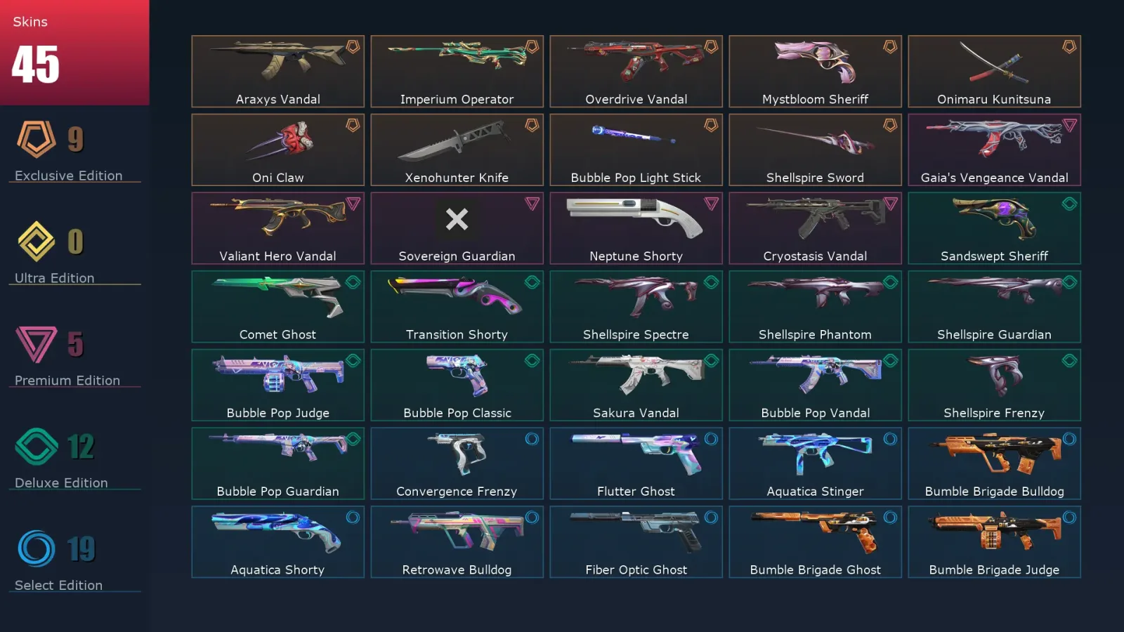 [Valorant] | EU | Level 206 | 25 Agents | 45 Skins