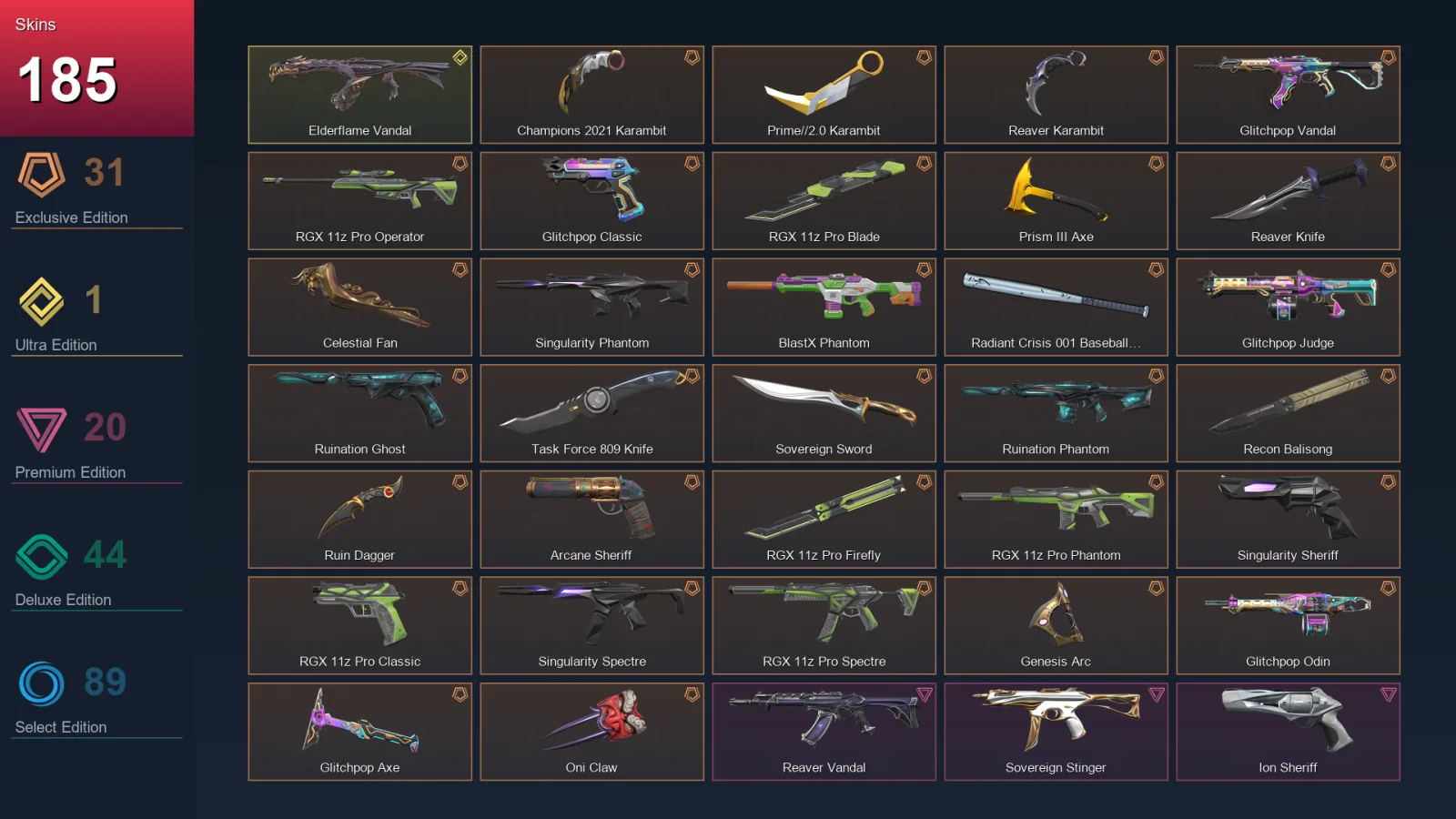 NA | Lv189 | Unranked | 185 Skin | 27 Agent | 179 Buddy