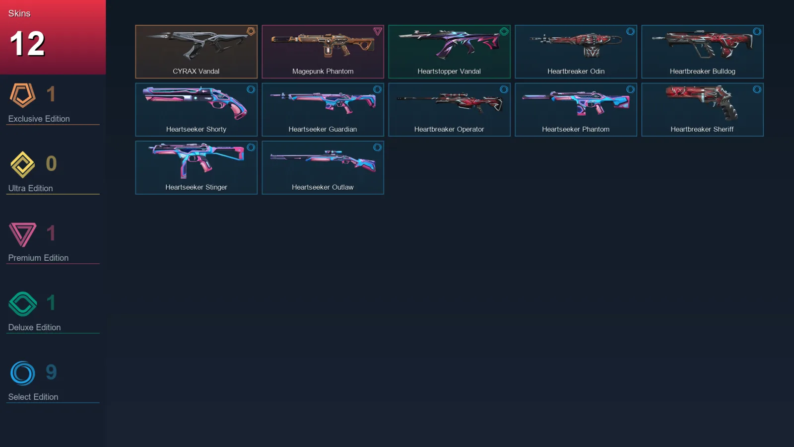 AP | CYRAX Vandal | Magepunk Phantom | Heartstopper Vandal | Heartbreaker Odin | 12 Skin | 11 Agent | 10 Buddy | Lv29