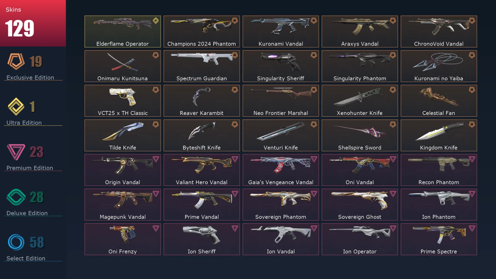[Valorant] | EU | Level 201 | 28 Agents | 129 Skins