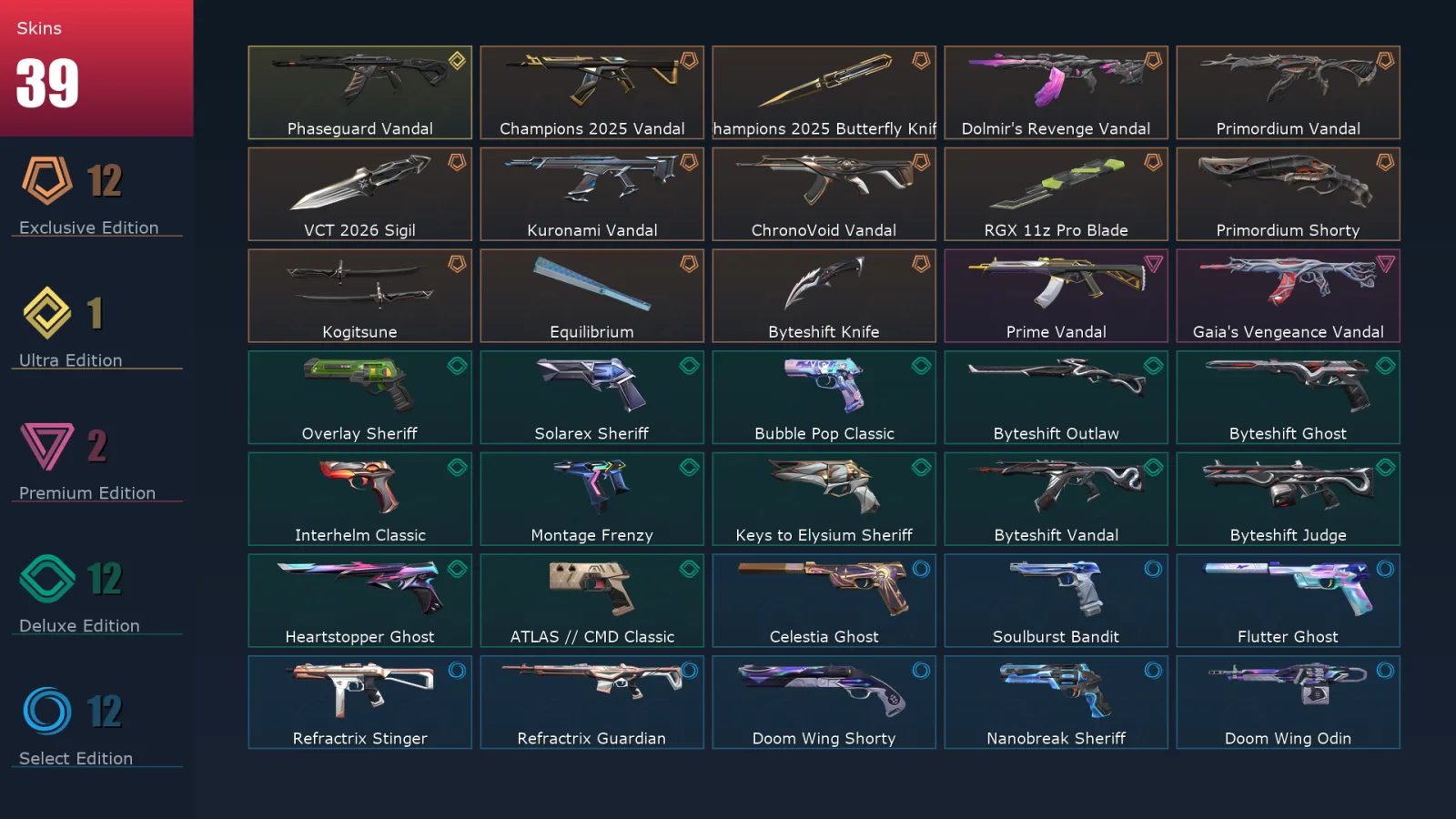 [Valorant] | EU | Level 1 | Immortal 1 | 29 Agents | 39 Skins