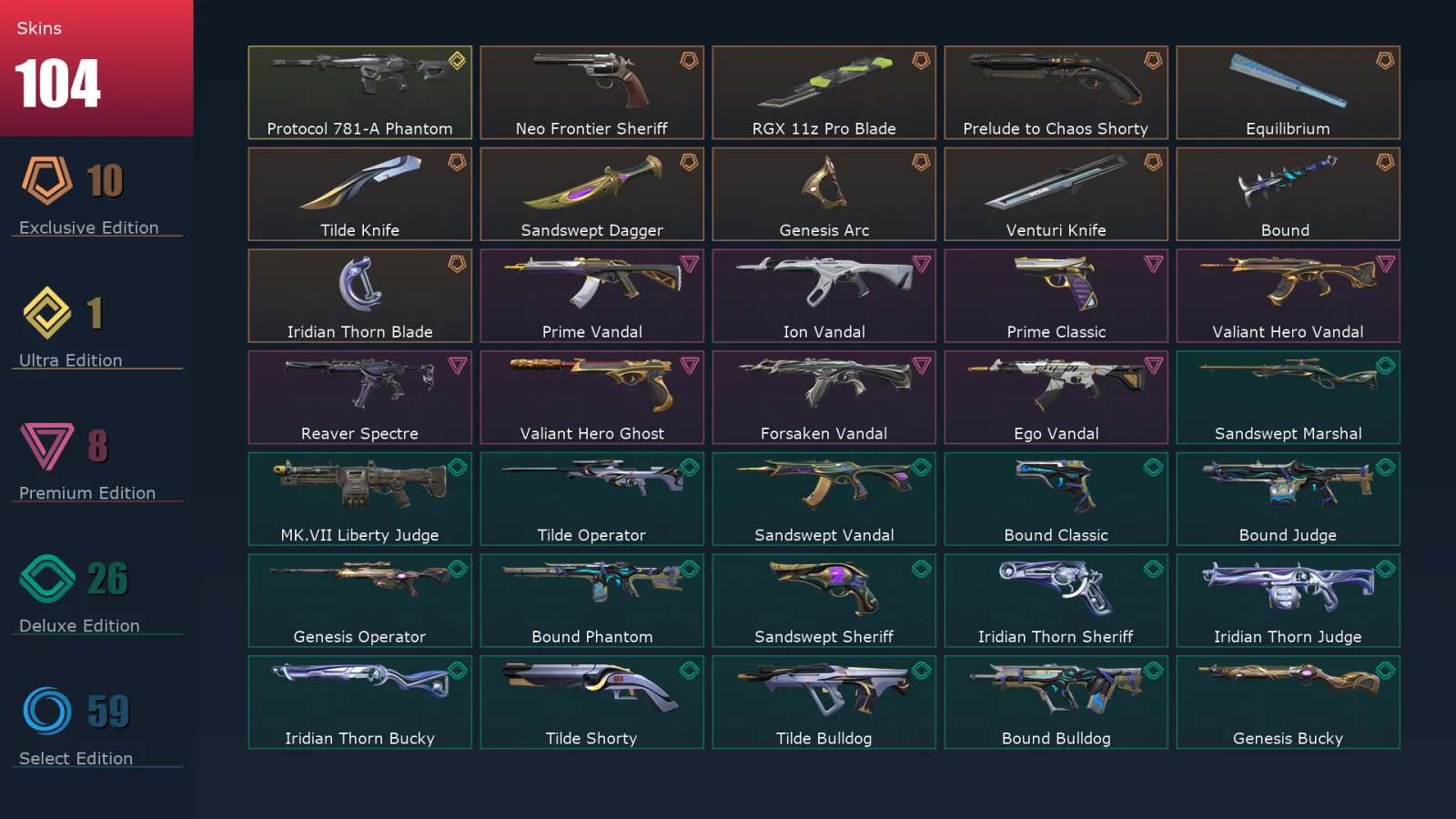 [Valorant] | EU | Level 195 | 24 Agents | 104 Skins