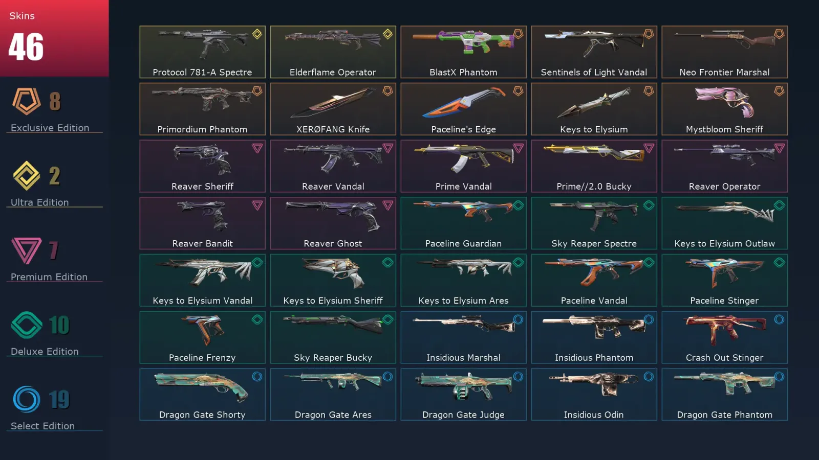 [Valorant] | EU | Level 32 | Platinum 1 | 12 Agents | 46 Skins