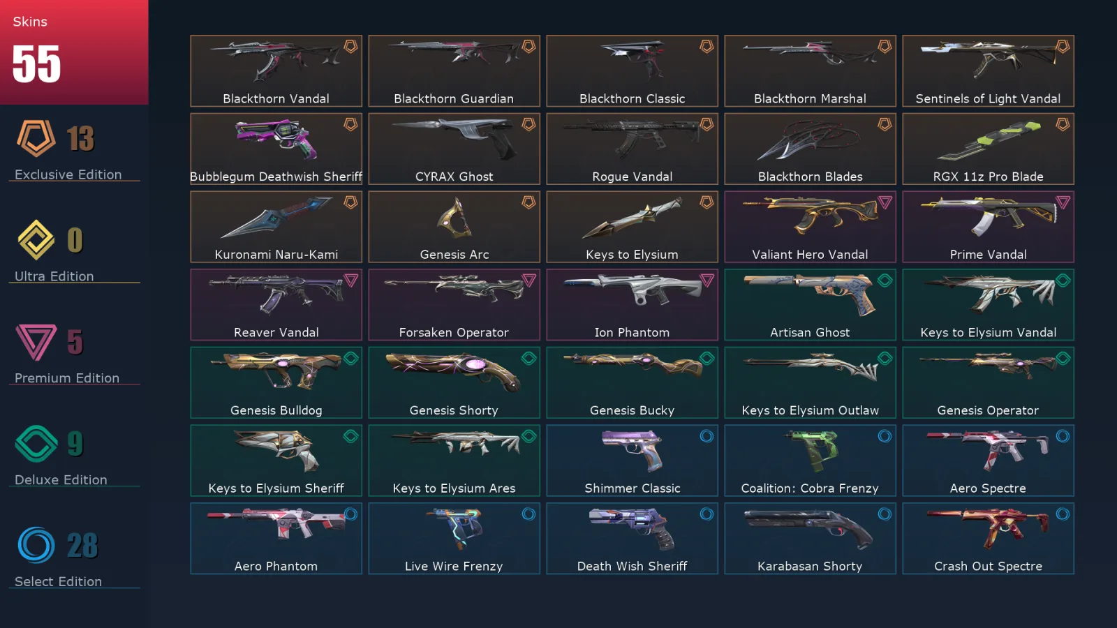 [Valorant] | EU | Level 224 | 29 Agents | 55 Skins