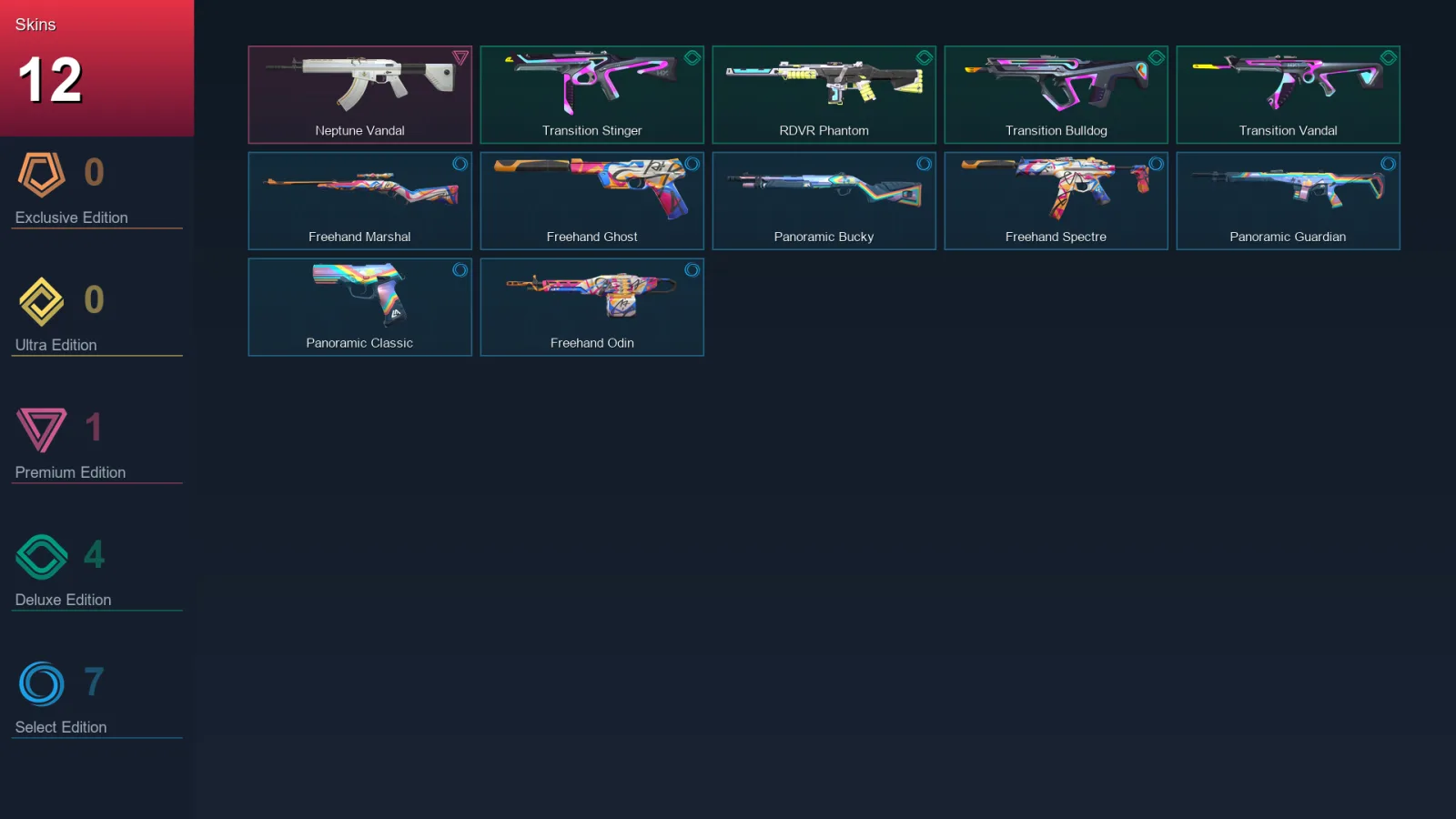 EU | Neptune Vandal | Transition Stinger | RDVR Phantom | Transition Bulldog | 12 Skin | 13 Agent | 17 Buddy | Lv43