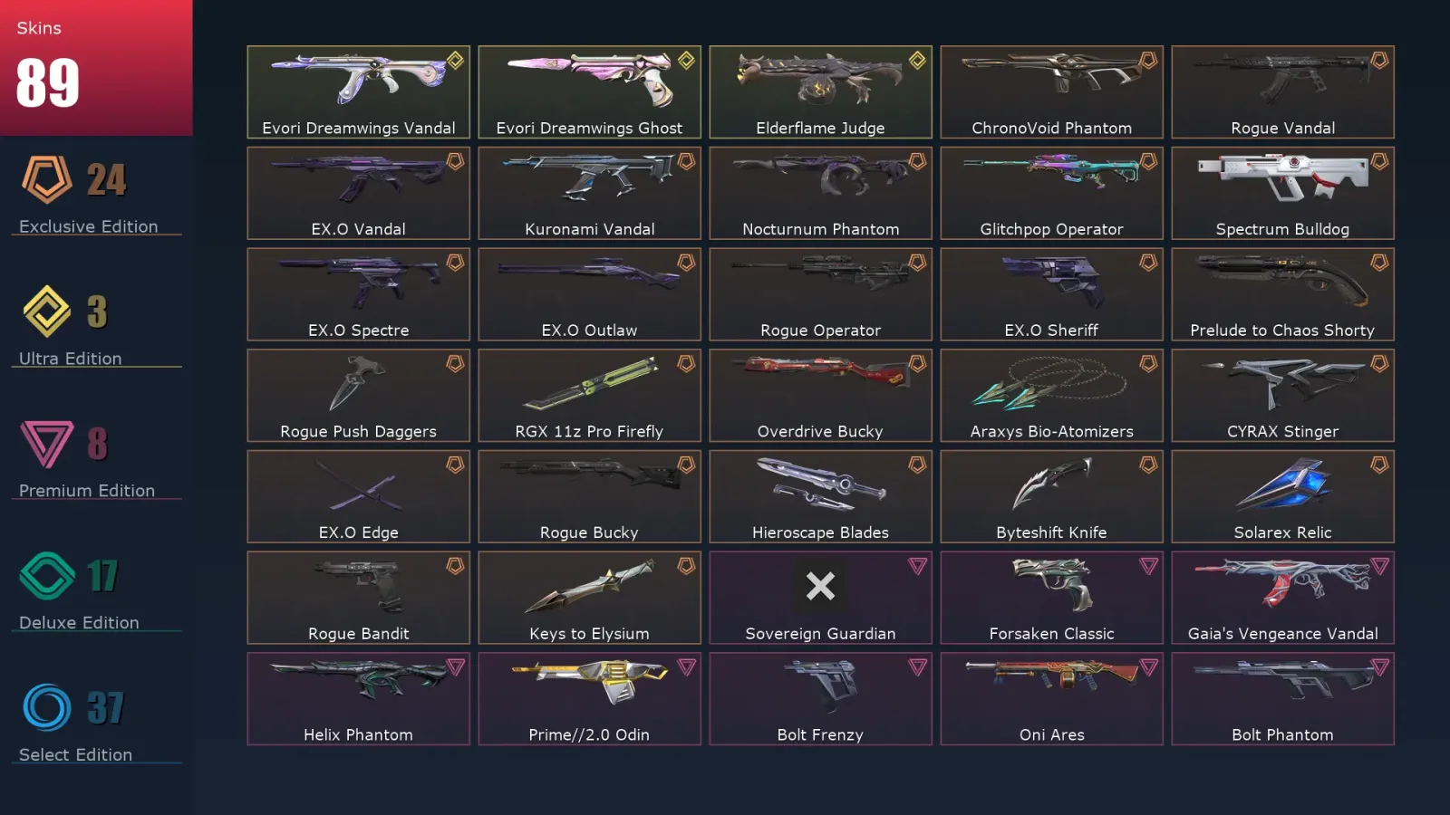 [Valorant] | EU | Level 105 | Gold 3 | 24 Agents | 89 Skins