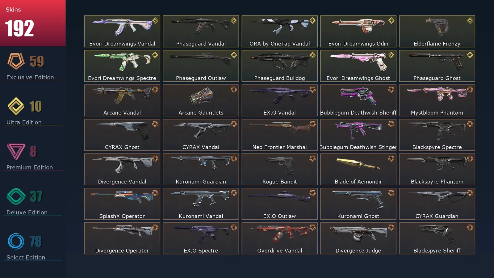 [Valorant] | EU | Level 222 | Platinum 1 | 29 Agents | 192 Skins