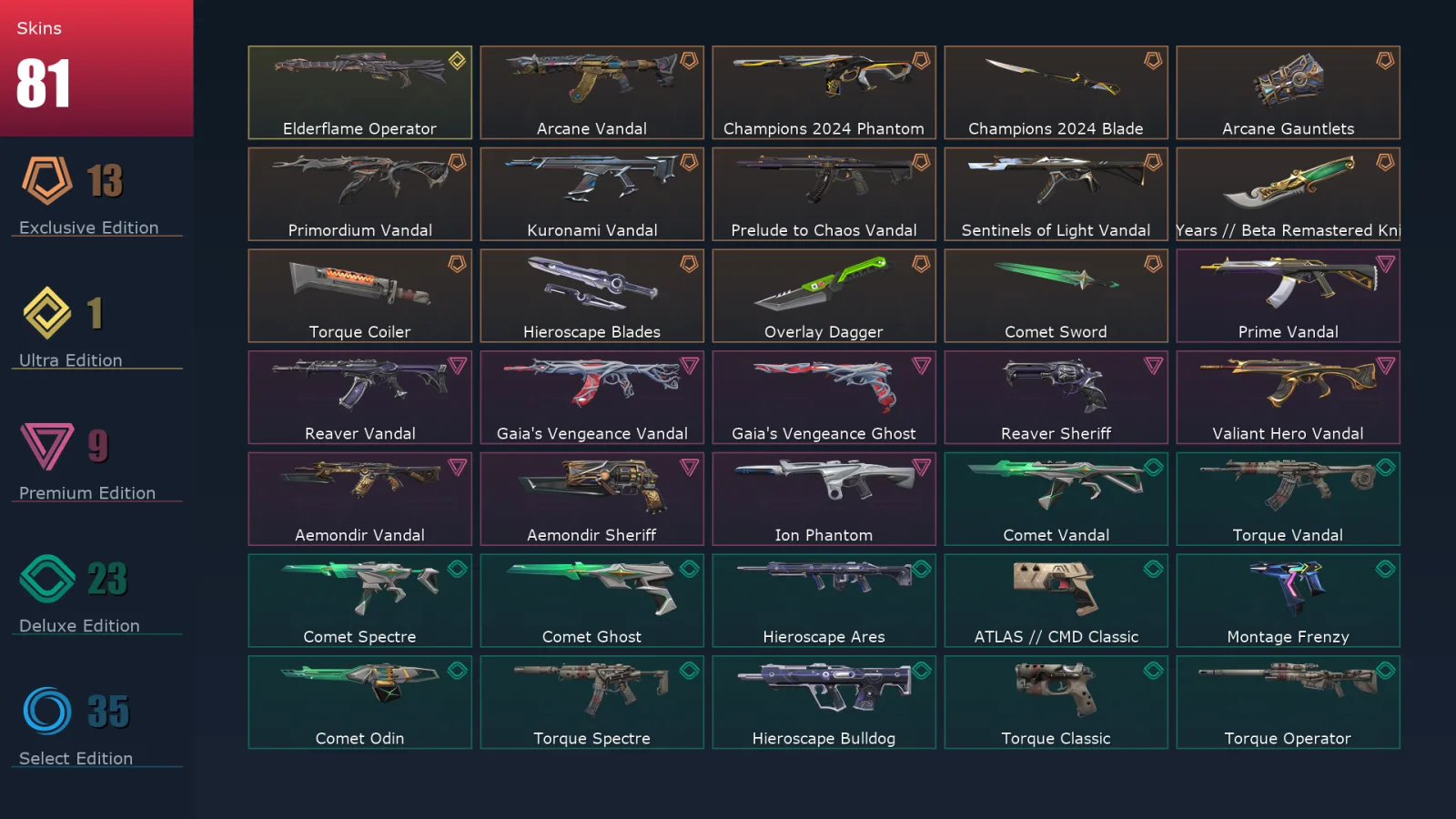 [Valorant] | EU | Level 217 | Platinum 3 | 28 Agents | 81 Skins