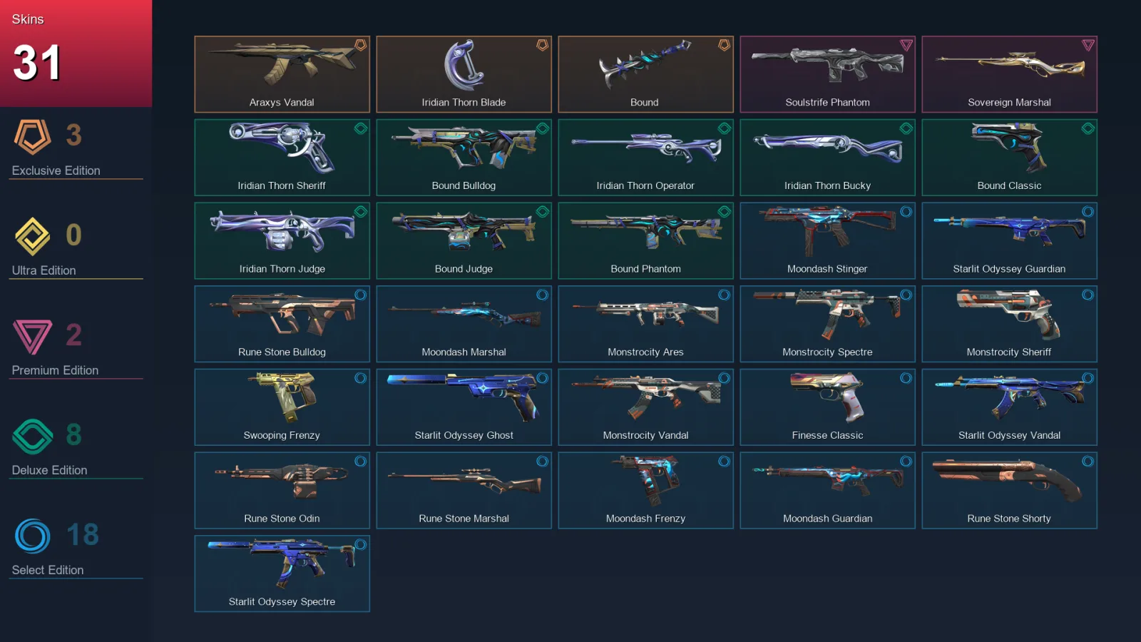 EU | Lv113 | Unranked | 31 Skin | 25 Agent | 59 Buddy