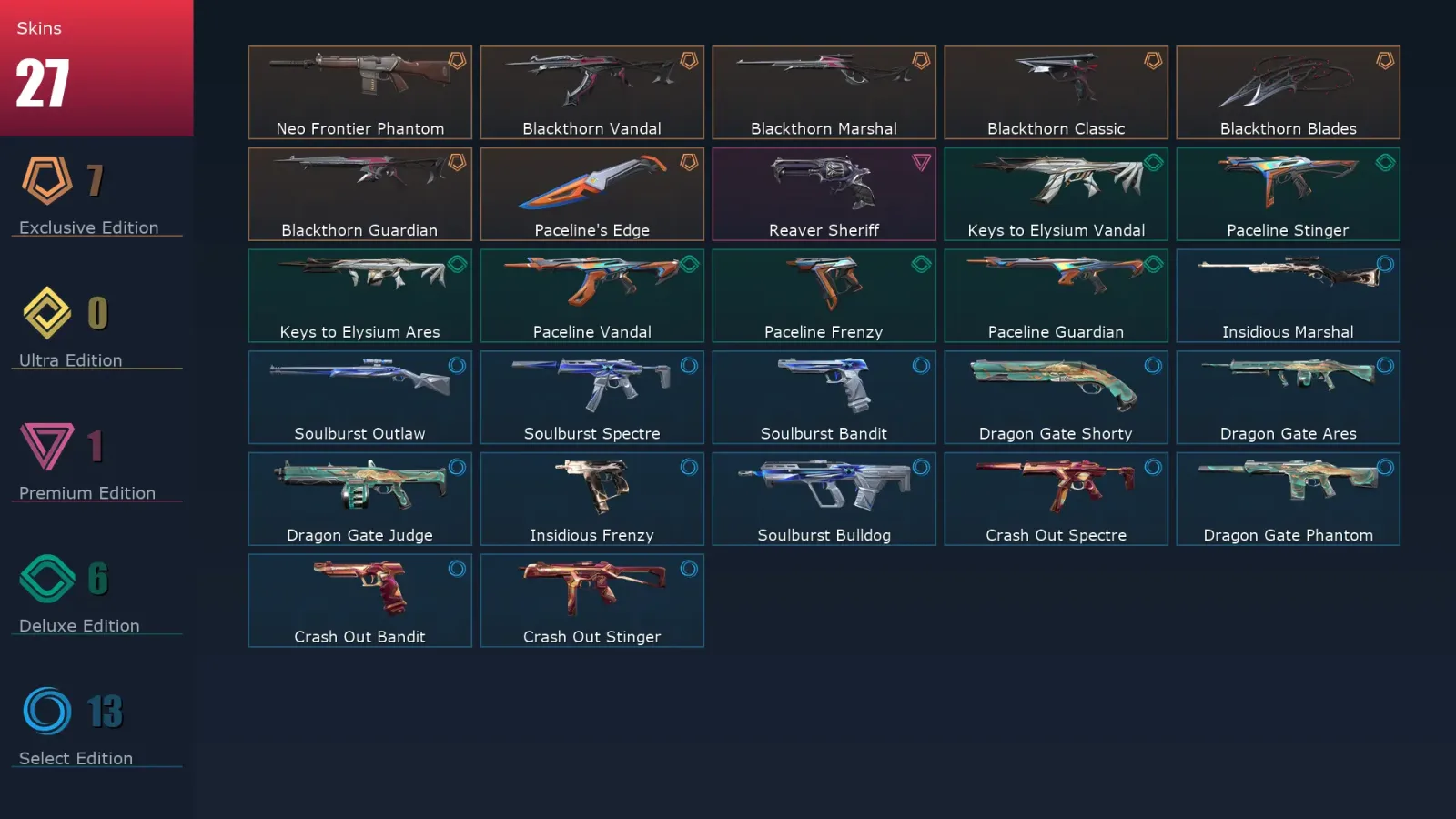 [Valorant] | EU | Level 32 | Platinum 3 | 13 Agents | 27 Skins