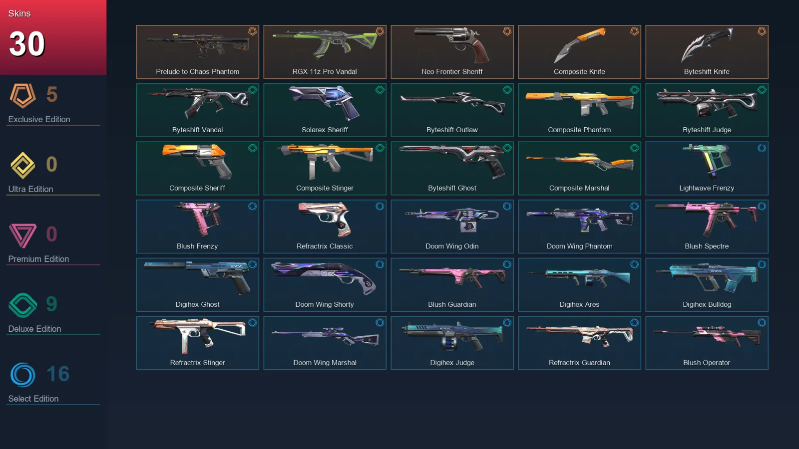 EU | Lv210 | Unranked | 30 Skin | 27 Agent | 107 Buddy