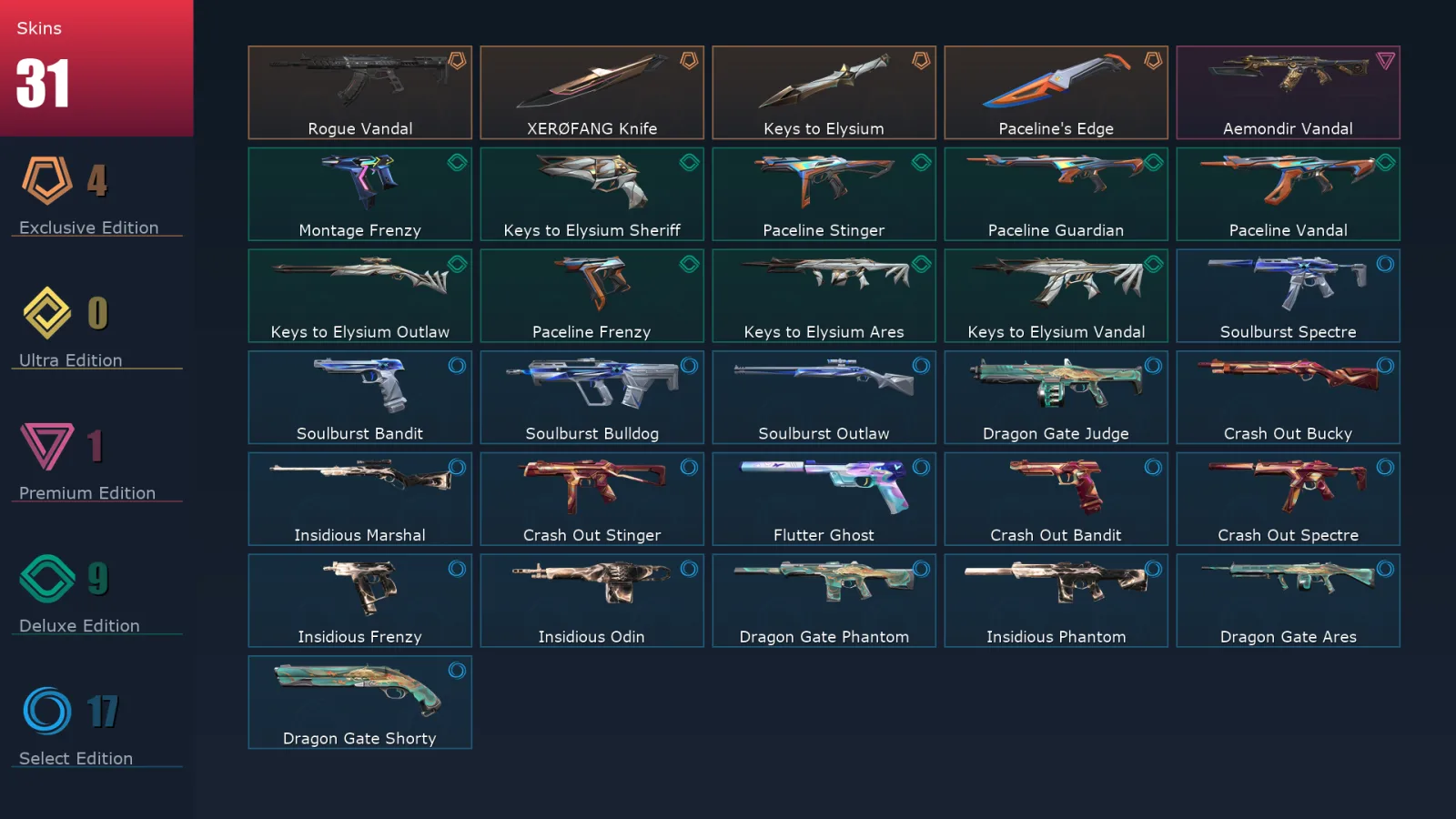 [Valorant] | EU | Level 79 | Iron 2 | 17 Agents | 31 Skins