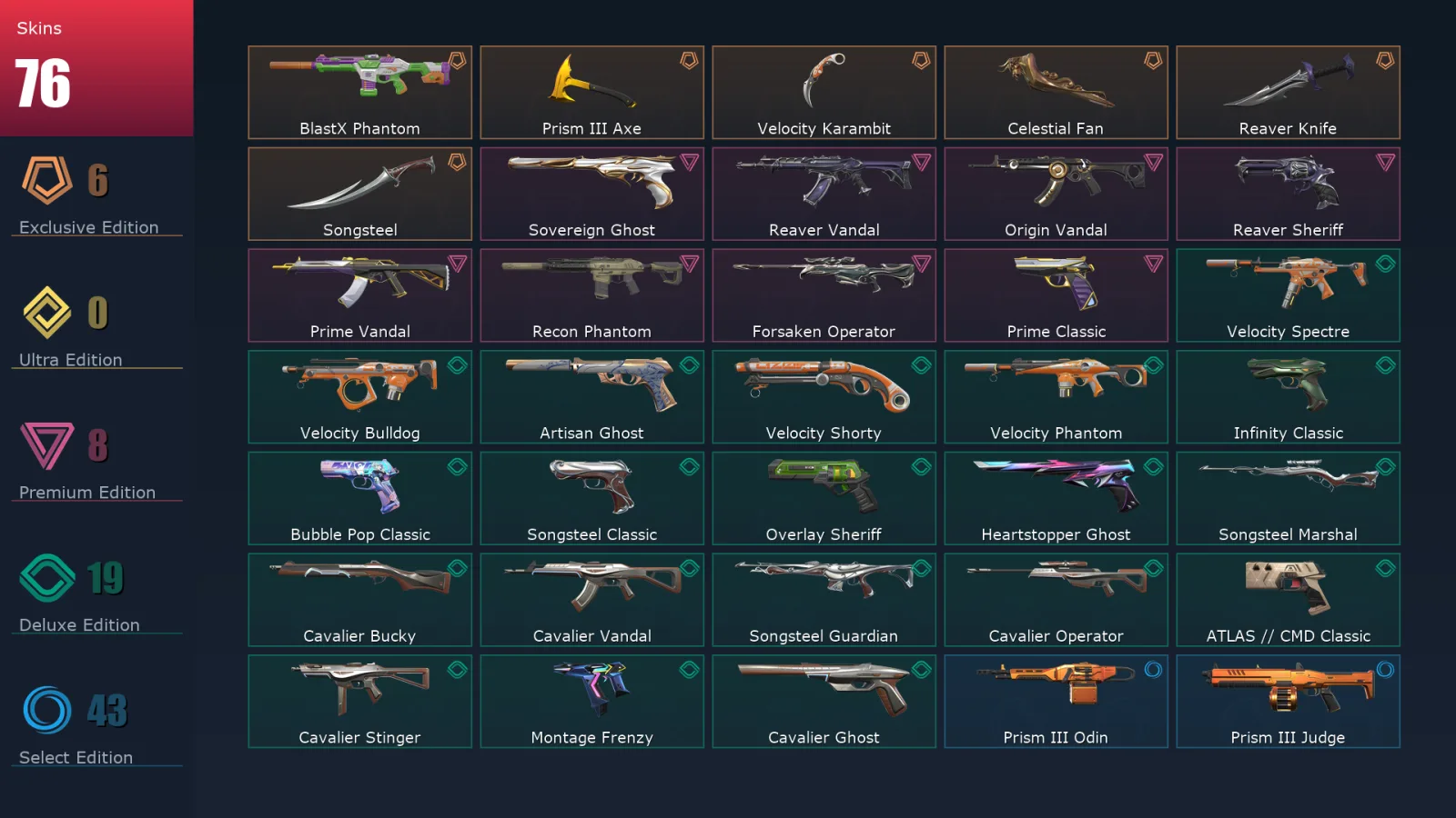 [Valorant] | EU | Level 480 | Platinum 3 | 29 Agents | 76 Skins