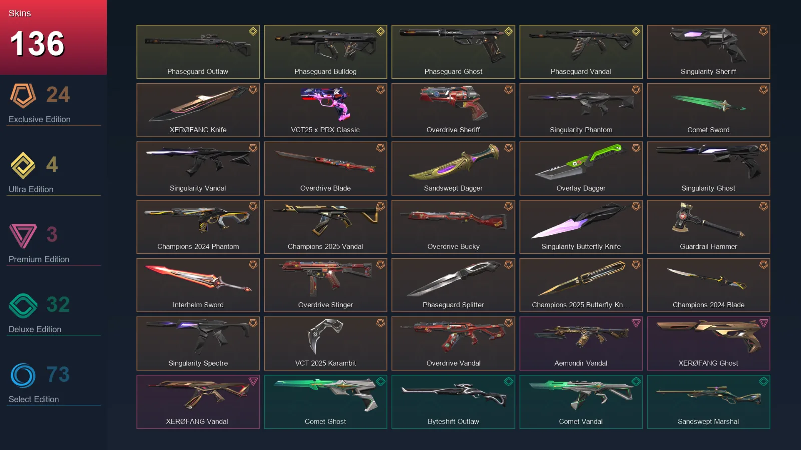 AP | Singularity Sheriff | XERØFANG Knife | VCT25 x PRX Classic | Overdrive Sheriff | 136 Skin | 29 Agent | 138 Buddy | Lv149
