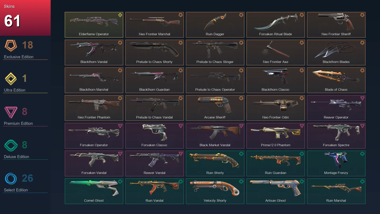 AP | Neo Frontier Marshal | Ruin Dagger | Forsaken Ritual Blade | Neo Frontier Sheriff | 61 Skin | 29 Agent | 143 Buddy | Lv319