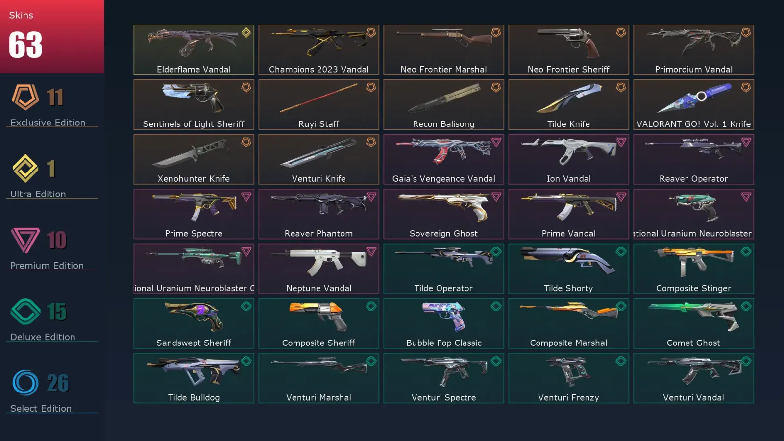 [Valorant] | EU | Level 234 | Platinum 2 | 29 Agents | 63 Skins