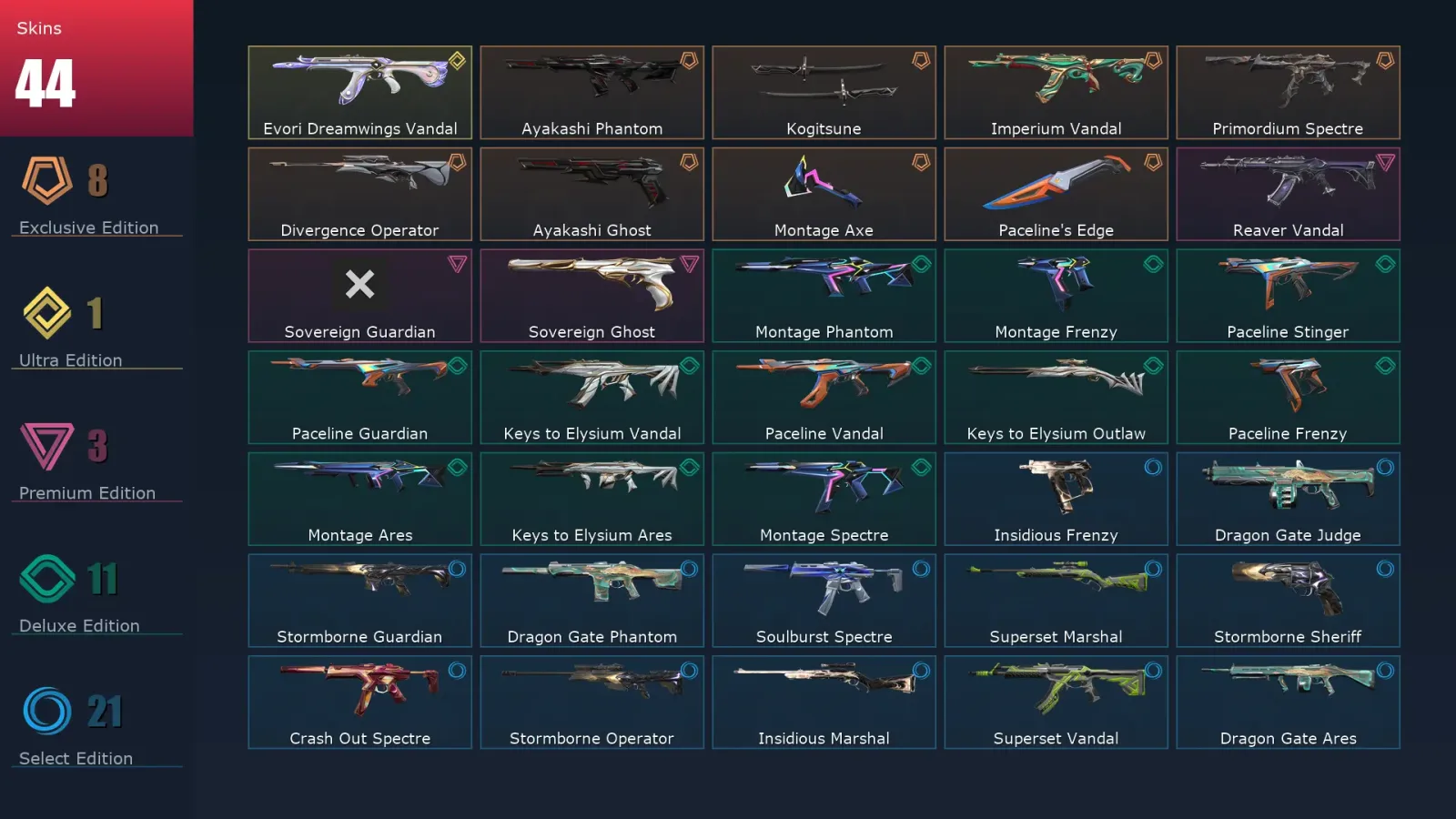 [Valorant] | EU | Level 58 | Platinum 2 | 18 Agents | 44 Skins