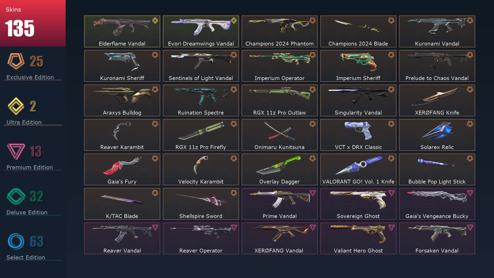 [Valorant] | EU | Level 309 | Gold 1 | 29 Agents | 136 Skins