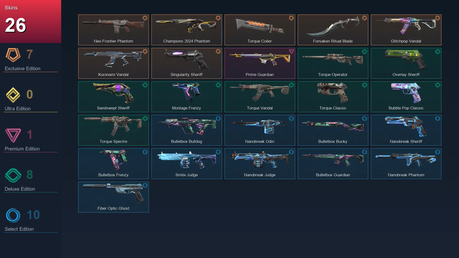EU | Lv165 | Unranked | 26 Skin | 28 Agent | 55 Buddy — Unranked / Smurf Valorant