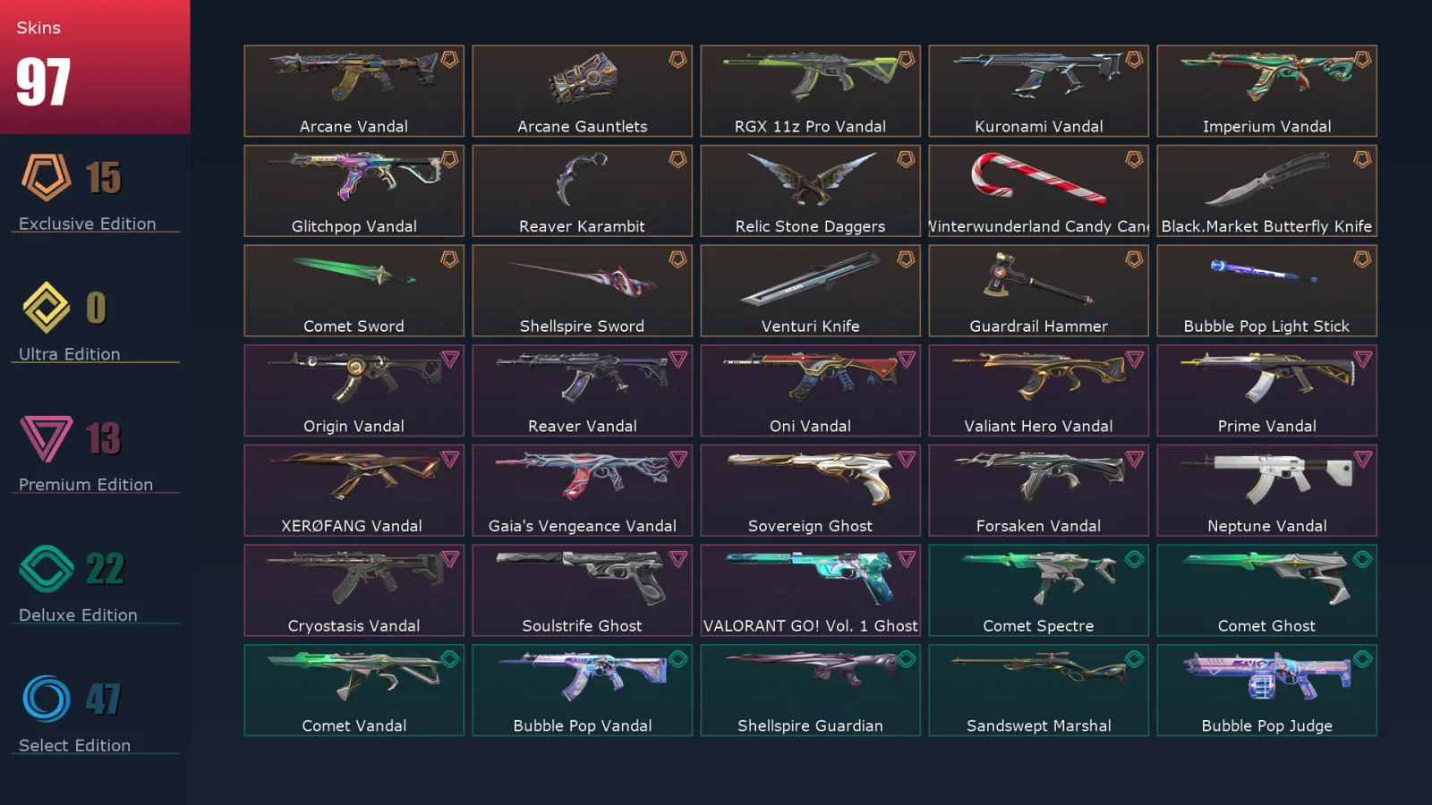[Valorant] | EU | Level 162 | 28 Agents | 97 Skins