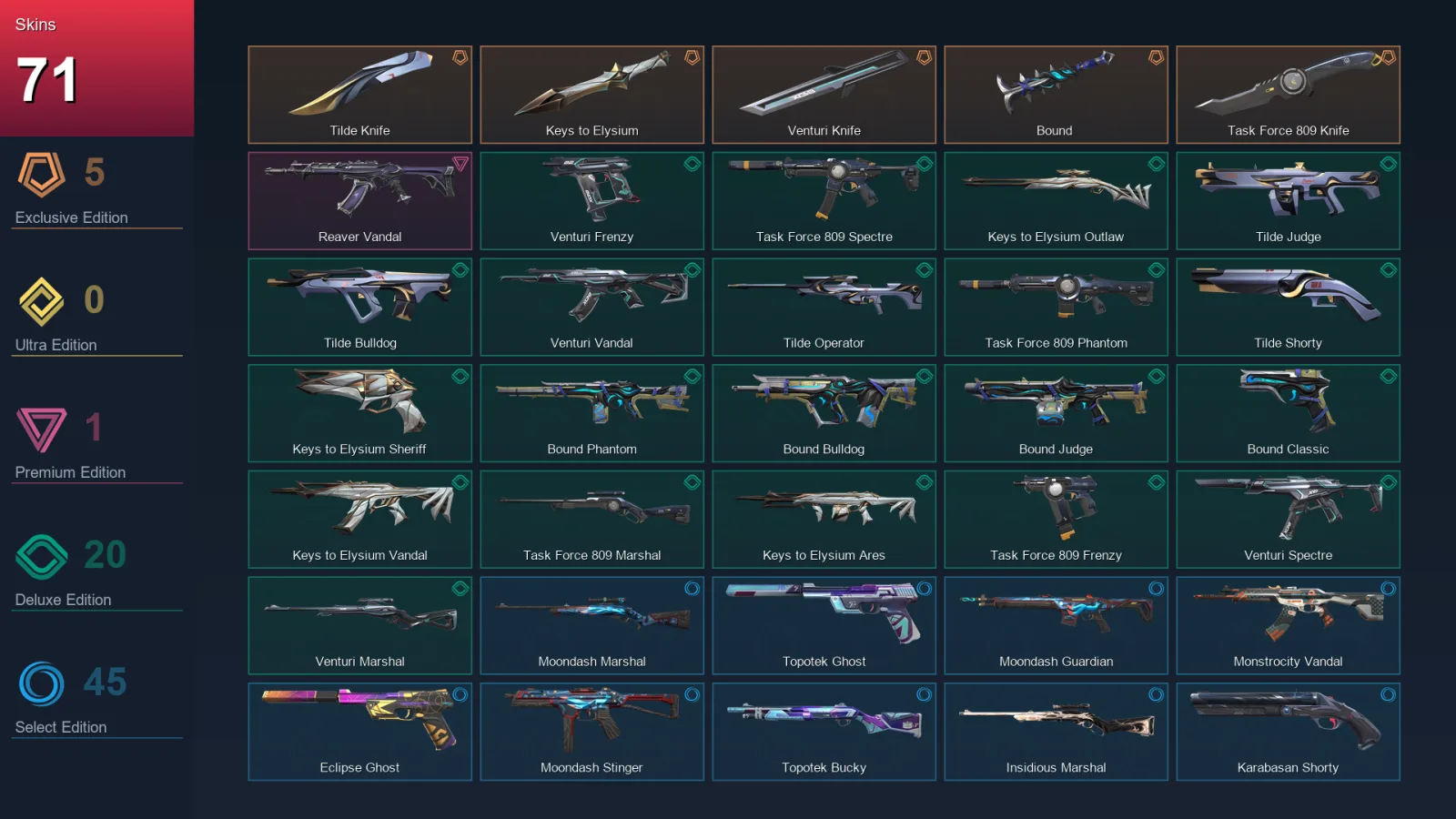 AP | Tilde Knife | Keys to Elysium | Venturi Knife | Bound | 71 Skin | 29 Agent | 114 Buddy | Lv184