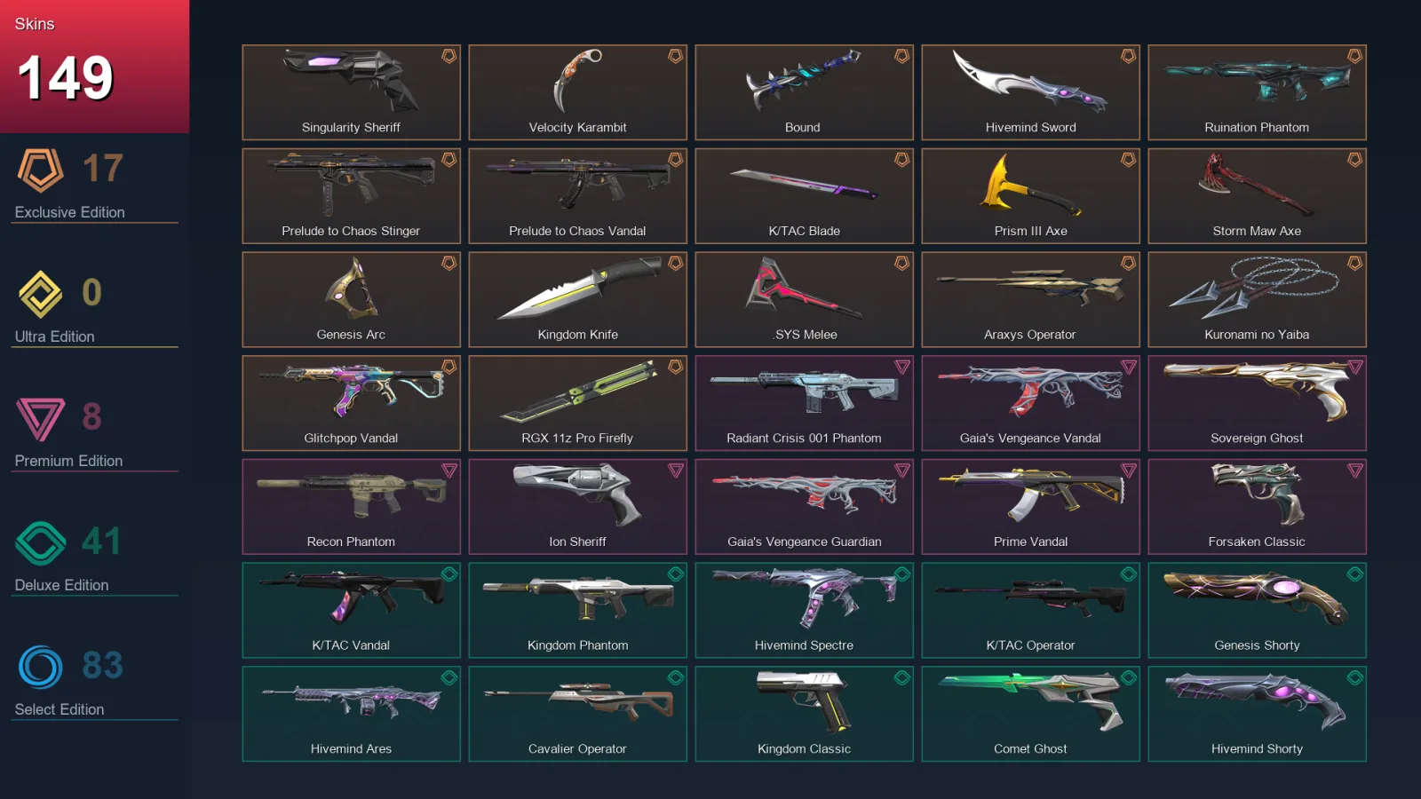 EU | Singularity Sheriff | Velocity Karambit | Bound | Hivemind Sword | 149 Skin | 29 Agent | 232 Buddy | Lv518