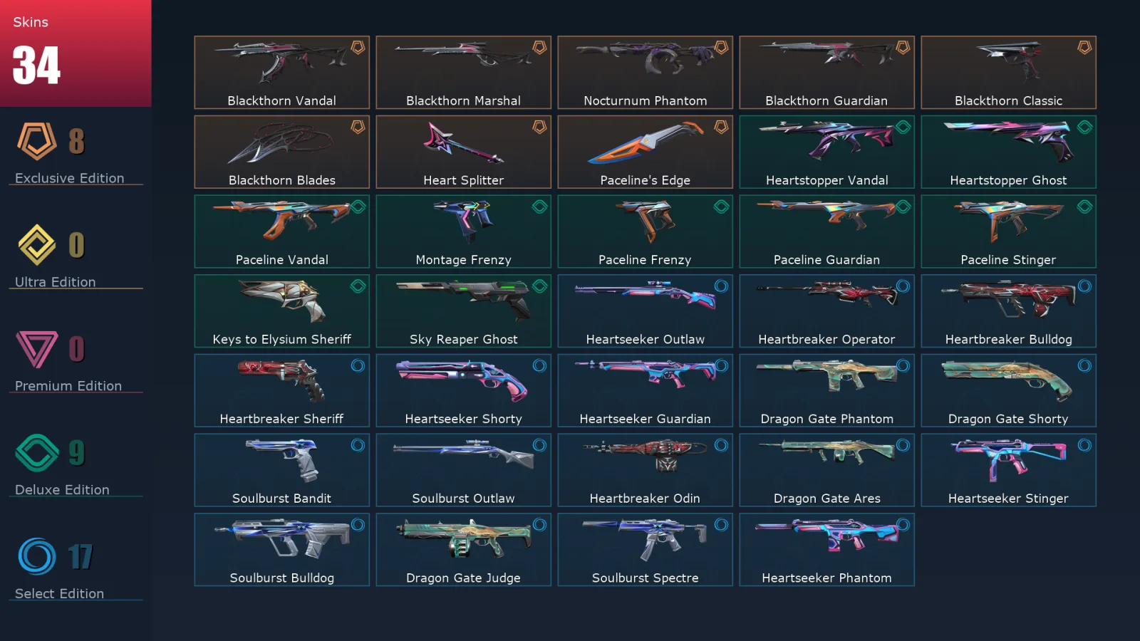 [Valorant] | EU | Level 154 | Ascendant 3 | 29 Agents | 34 Skins