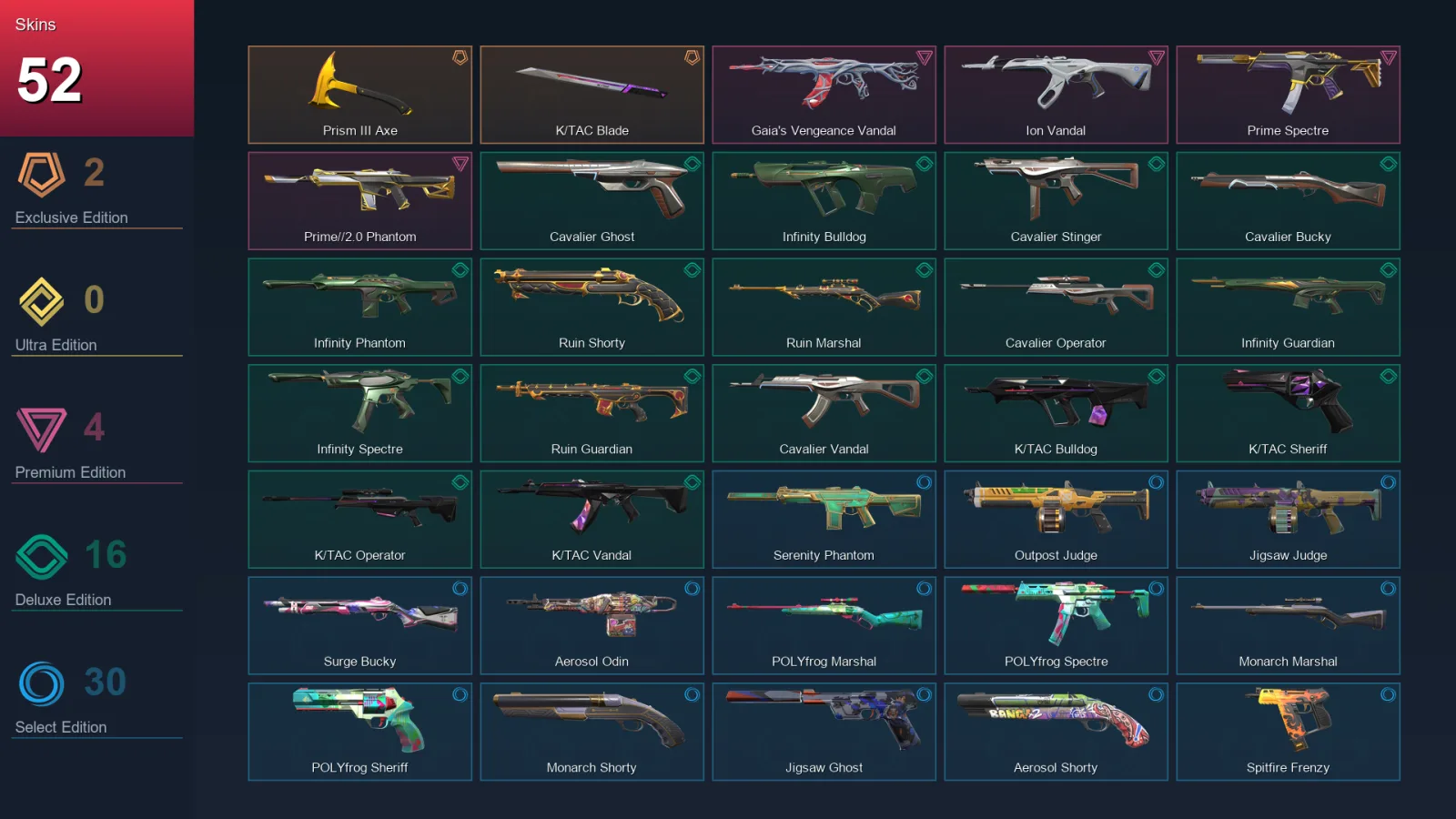 LA | Prism III Axe | K/TAC Blade | Gaia's Vengeance Vandal | Ion Vandal | 52 Skin | 25 Agent | 82 Buddy | Lv130