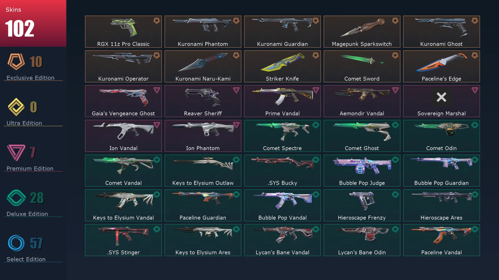 [Valorant] | EU | Level 107 | 27 Agents | 102 Skins
