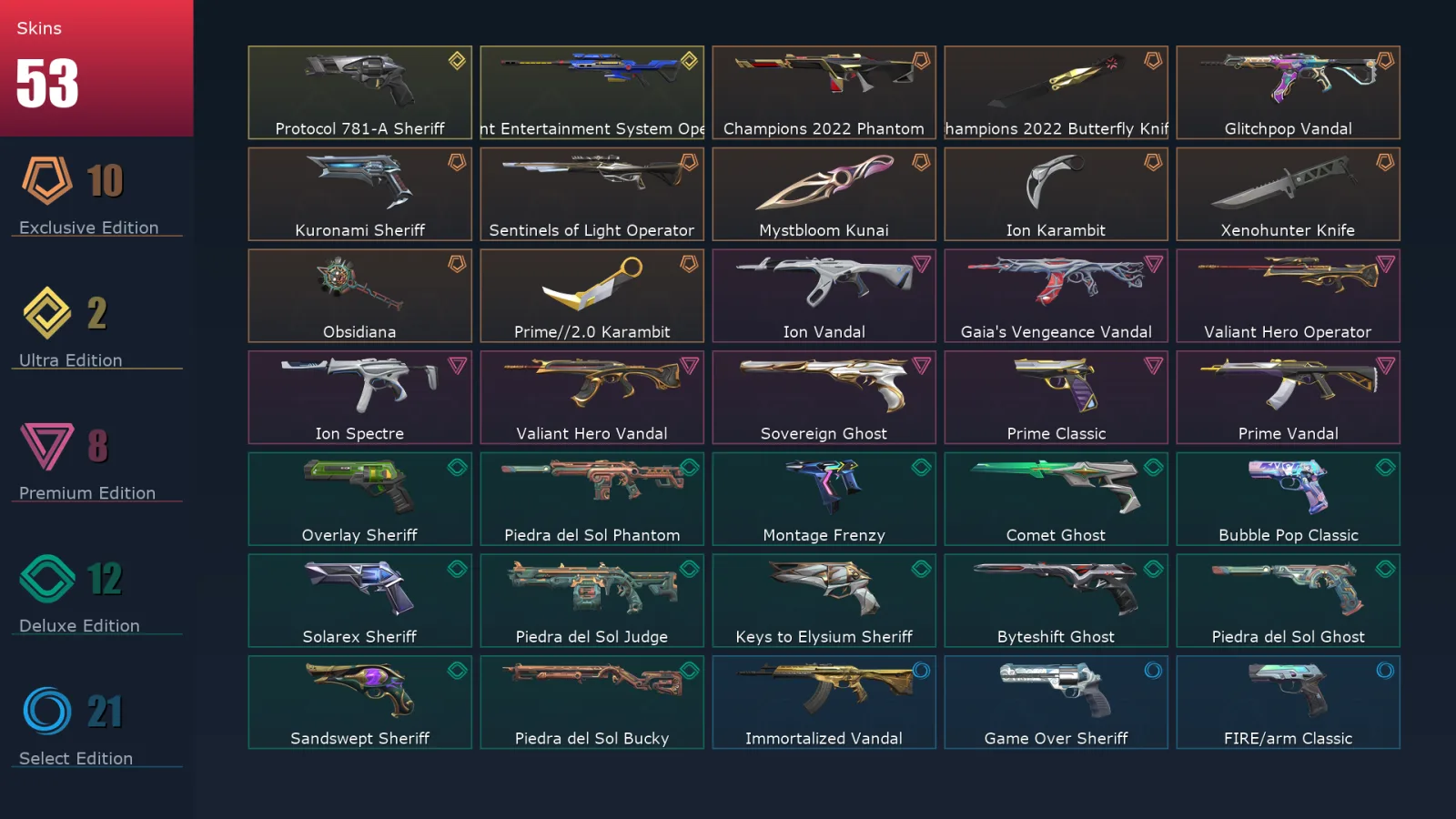 [Valorant] | EU | Level 423 | Diamond 3 | 27 Agents | 53 Skins