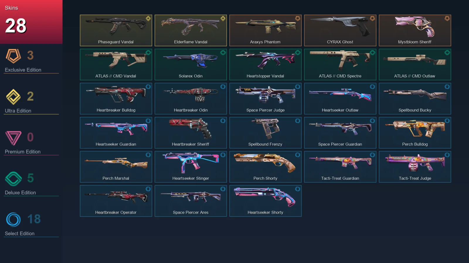EU | Lv34 | Unranked | 28 Skin | 11 Agent | 19 Buddy — Tacti Treat Judge