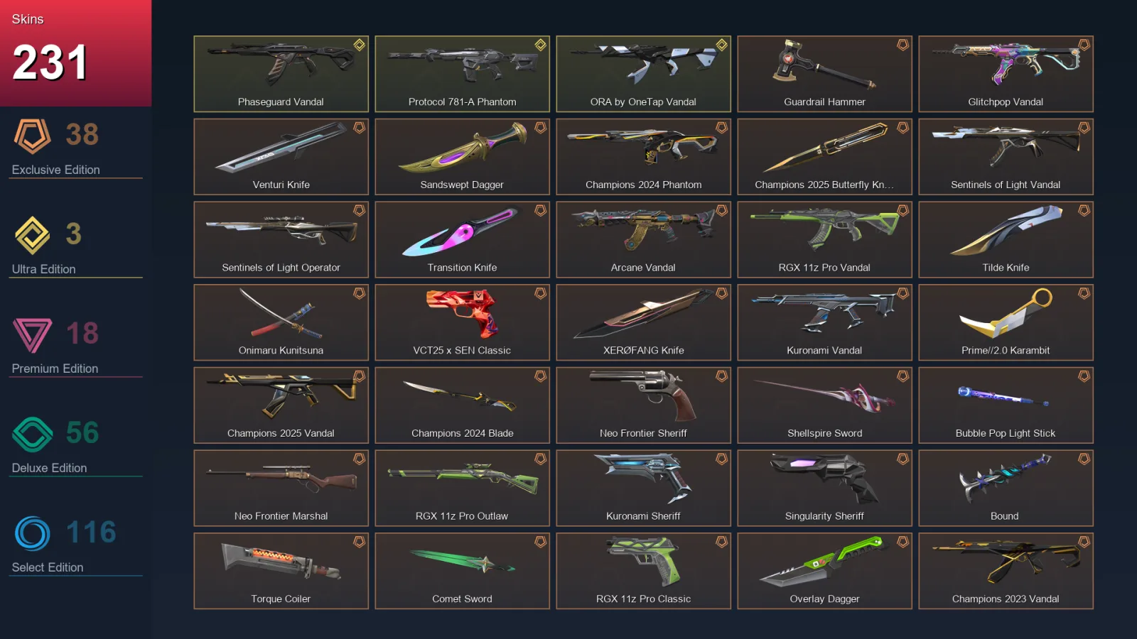NA | Lv236 | Unranked | 231 Skin | 28 Agent | 196 Buddy