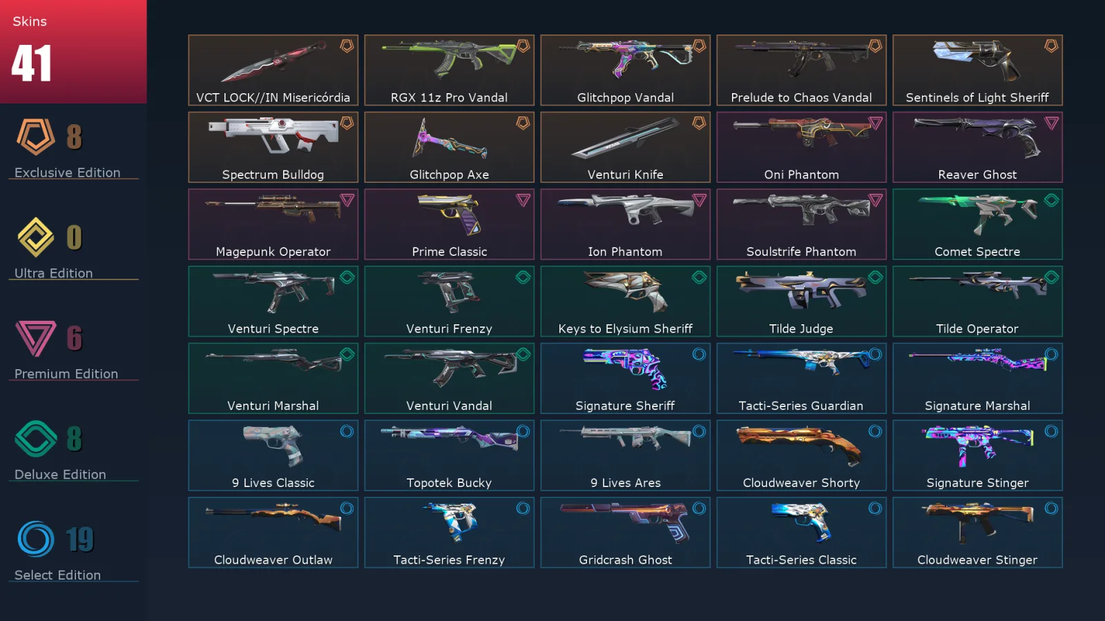 [Valorant] | EU | Level 58 | Diamond 3 | 17 Agents | 41 Skins