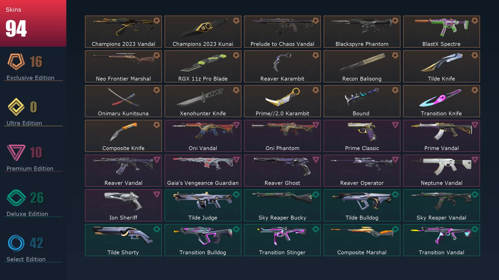 [Valorant] | EU | Level 351 | Platinum 1 | 29 Agents | 94 Skins
