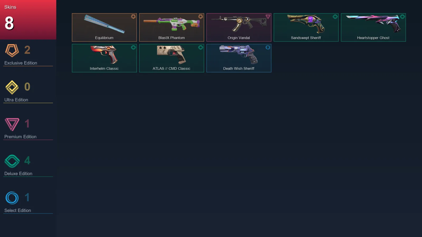 AP | Equilibrium | BlastX Phantom | Origin Vandal | Sandswept Sheriff | 8 Skin | 28 Agent | 62 Buddy | Lv150
