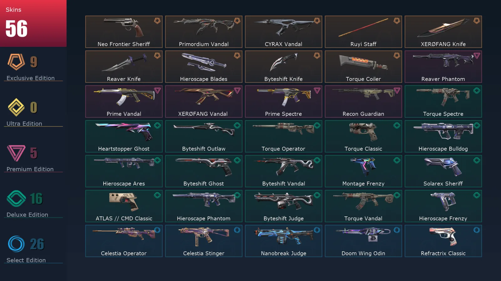 [Valorant] | EU | Level 180 | Gold 1 | 29 Agents | 56 Skins