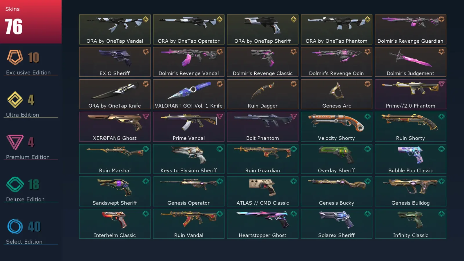 [Valorant] | EU | Level 462 | Platinum 1 | 29 Agents | 76 Skins