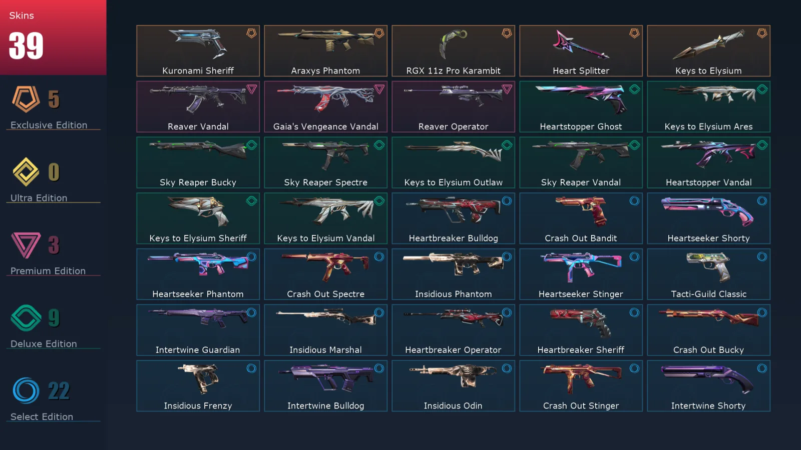 [Valorant] | EU | Level 84 | Bronze 3 | 18 Agents | 39 Skins