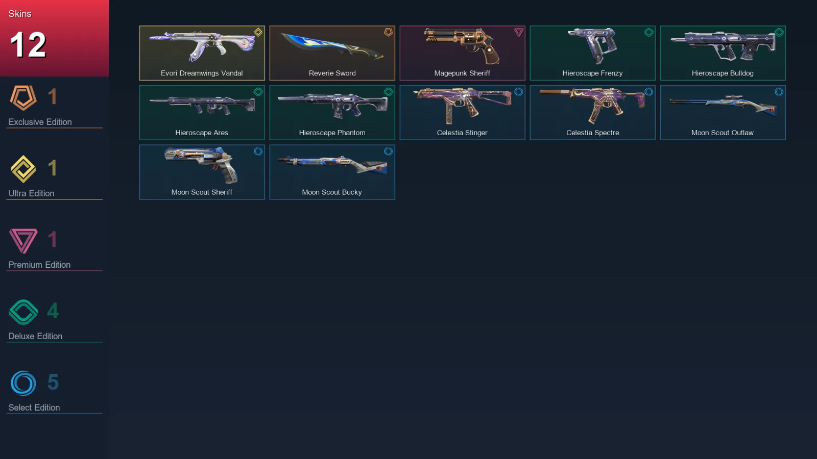 EU | Reverie Sword | Evori Dreamwings Vandal | Magepunk Sheriff | Hieroscape Frenzy | 12 Skin | 11 Agent | 26 Buddy | Lv45