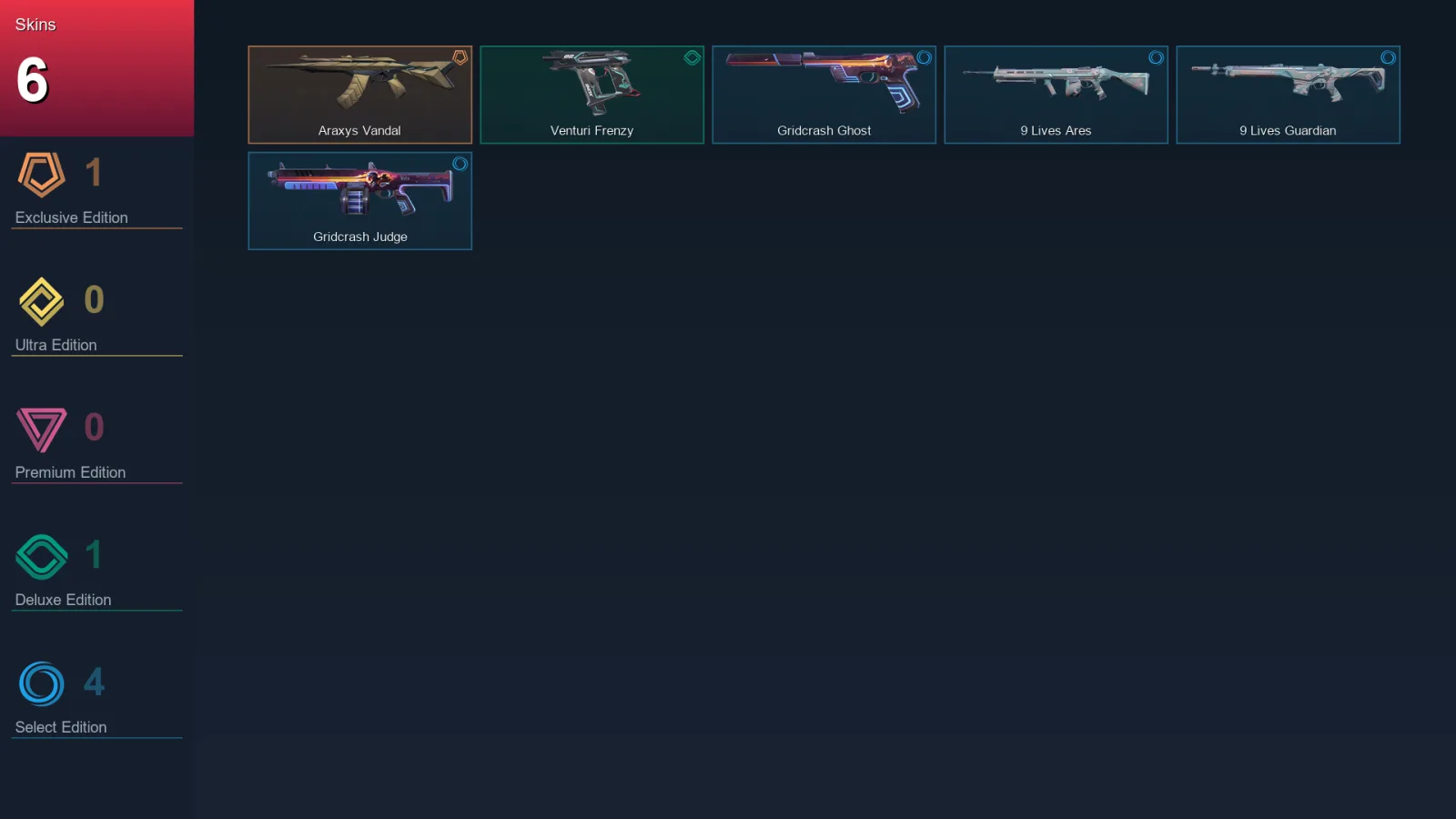 NA | Araxys Vandal | Venturi Frenzy | Gridcrash Ghost | 9 Lives Ares | 6 Skin | 7 Agent | 4 Buddy | Lv8